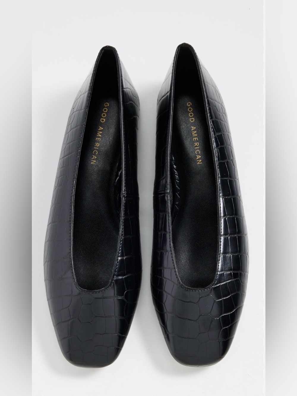 NWOT Good American Black Croc-Embossed Square Toe Ballet Flats